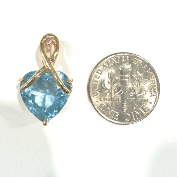 14K Gold Swiss Blue Topaz Heart Pendant: Diamond Accent Filigree - Picture 11 of 12